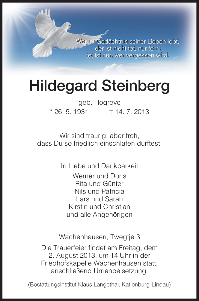  Traueranzeige für Hildegard Steinberg vom 17.07.2013 aus HNA