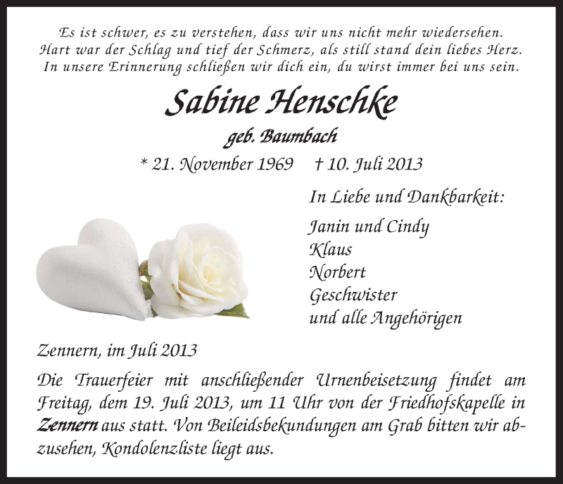  Traueranzeige für Sabine Henschke vom 17.07.2013 aus HNA