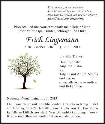 Traueranzeige von Erich Lingemann von HNA