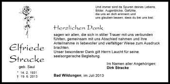 Traueranzeige von Elfriede Stracke von HNA