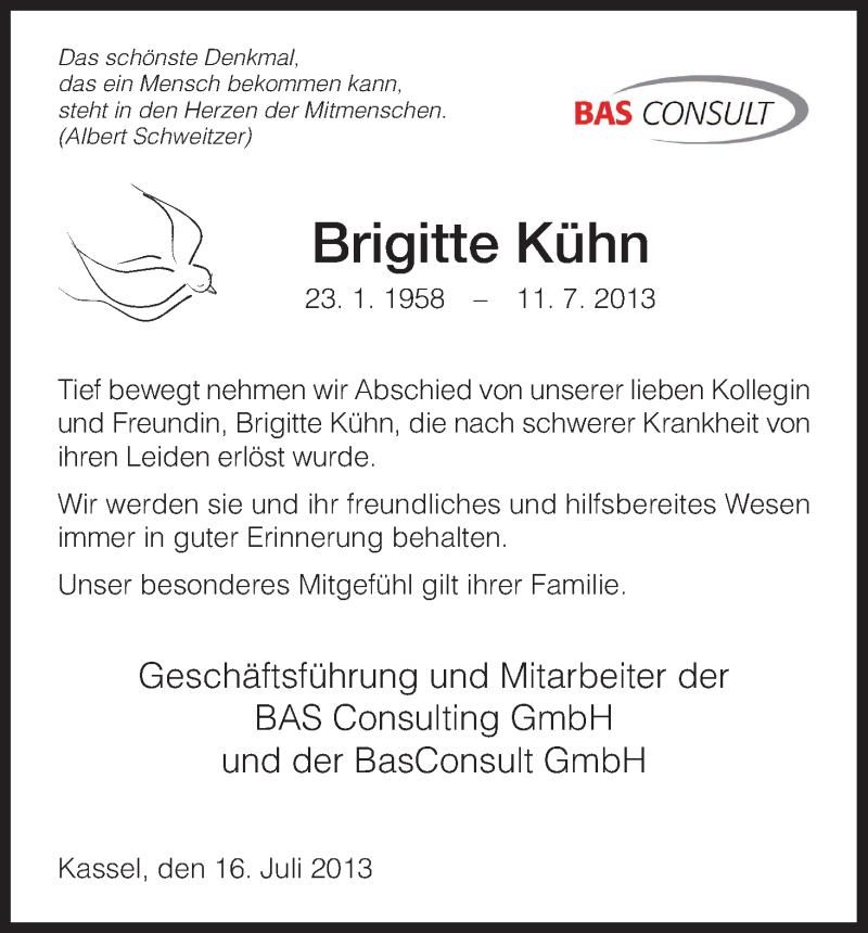  Traueranzeige für Brigitte Kühn vom 20.07.2013 aus HNA