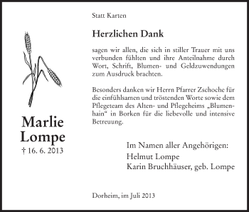 Traueranzeige von Marlie Lompe von HNA