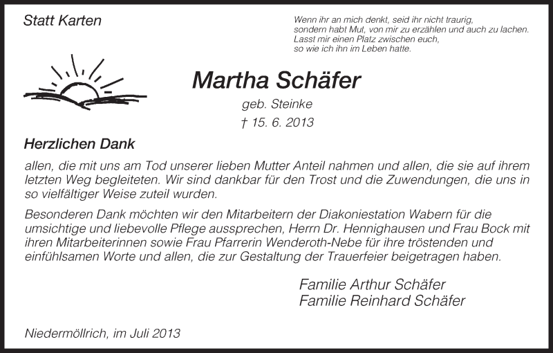  Traueranzeige für Martha Schäfer vom 20.07.2013 aus HNA