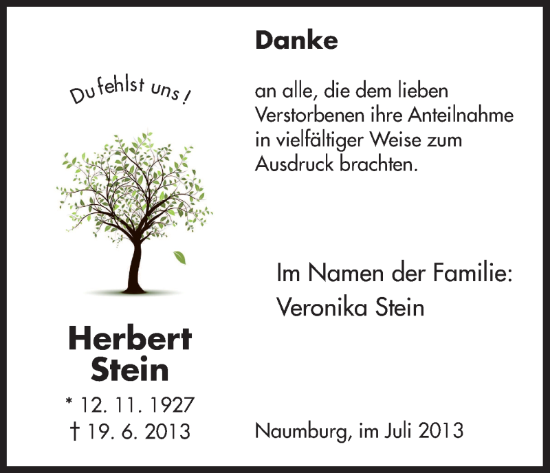  Traueranzeige für Herbert Stein vom 20.07.2013 aus HNA