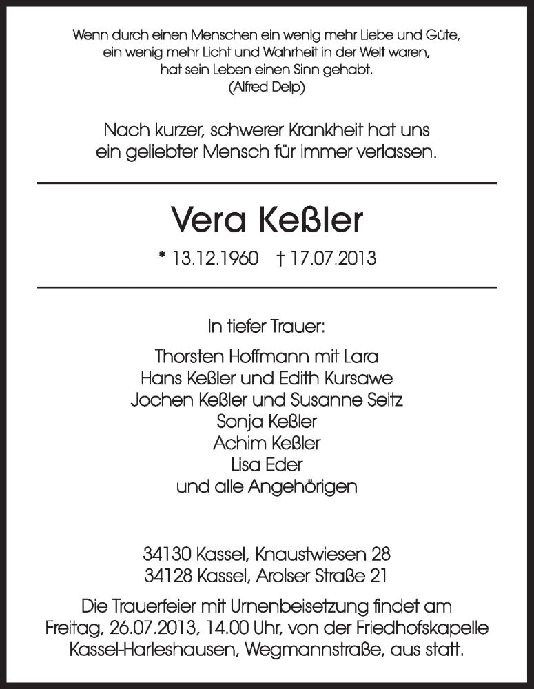  Traueranzeige für Vera Keßler vom 24.07.2013 aus HNA