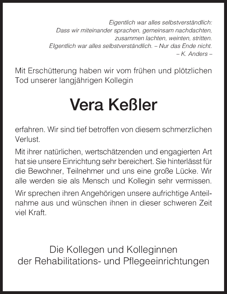  Traueranzeige für Vera Keßler vom 27.07.2013 aus HNA