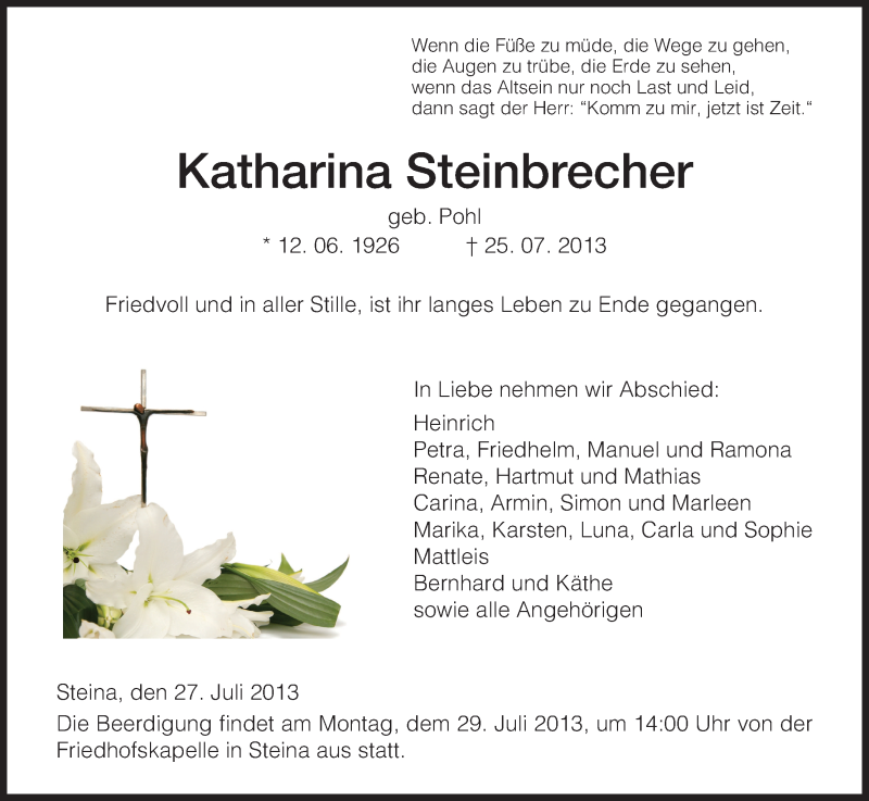  Traueranzeige für Katharina Steinbrecher vom 27.07.2013 aus HNA