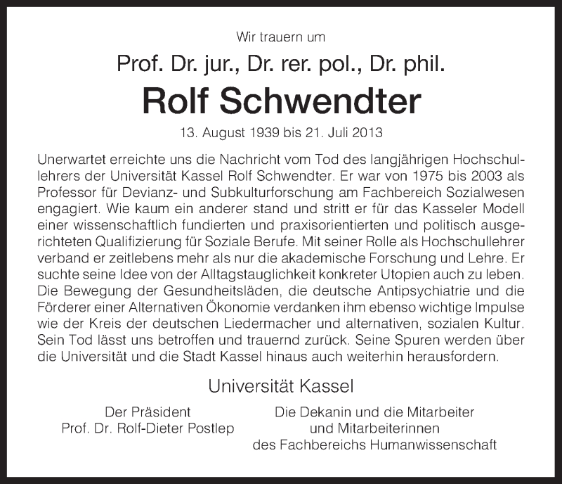  Traueranzeige für Rolf Schwendter vom 27.07.2013 aus HNA