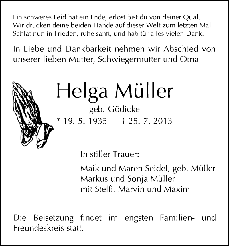  Traueranzeige für Helga Müller vom 03.08.2013 aus HNA