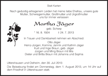 Traueranzeige von Martha Jäger von HNA