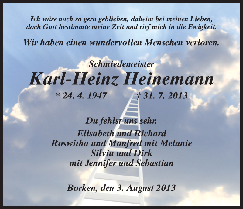  Traueranzeige für Karl-Heinz Heinemann vom 03.08.2013 aus HNA