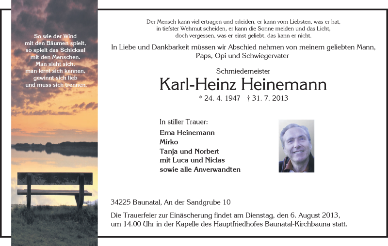  Traueranzeige für Karl-Heinz Heinemann vom 03.08.2013 aus HNA