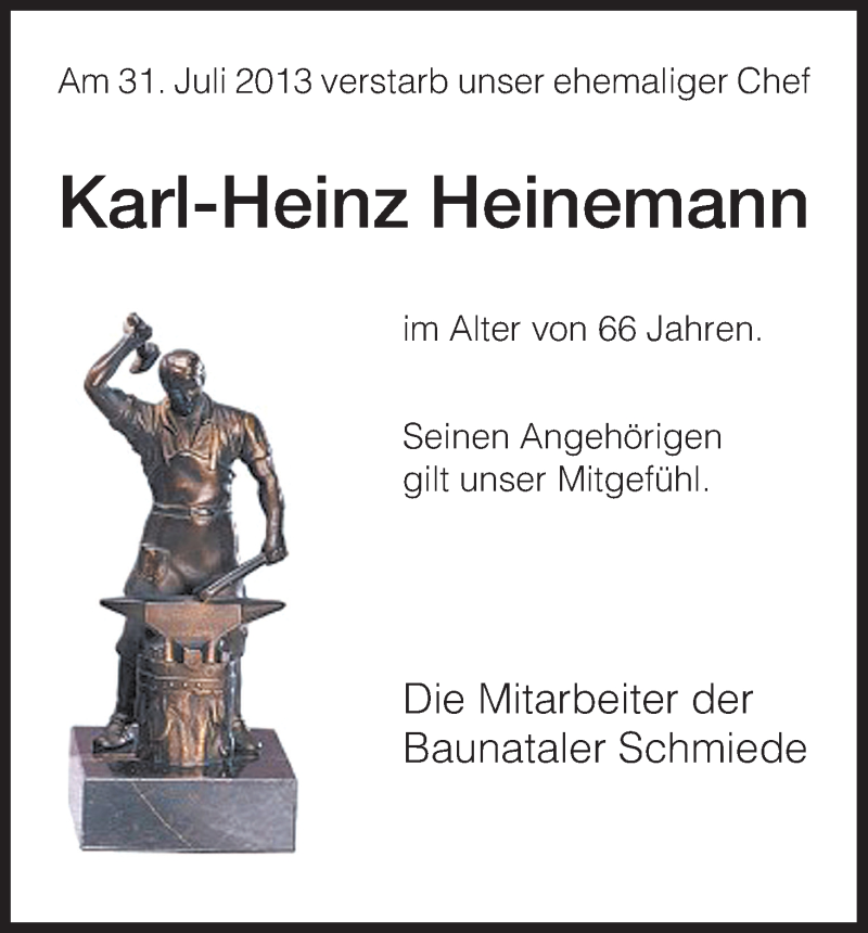  Traueranzeige für Karl-Heinz Heinemann vom 05.08.2013 aus HNA