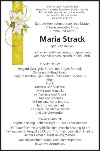 Traueranzeige von Maria Strack von HNA