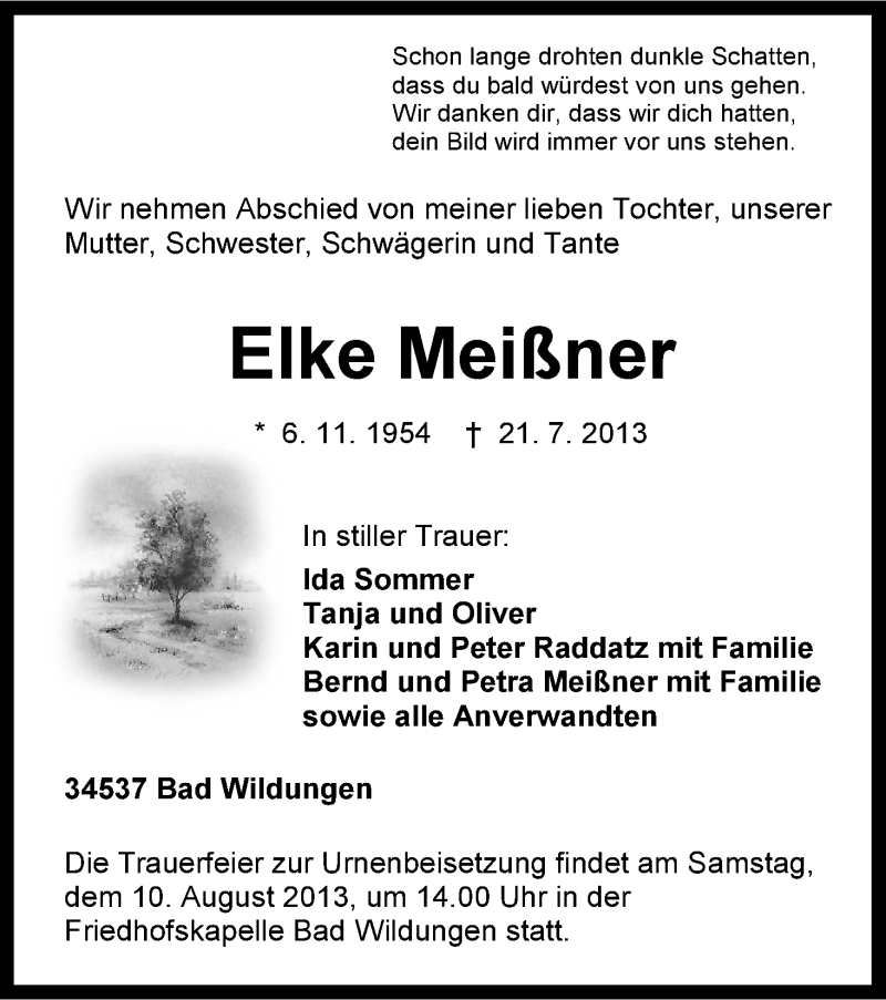  Traueranzeige für Elke Meißner vom 07.08.2013 aus HNA