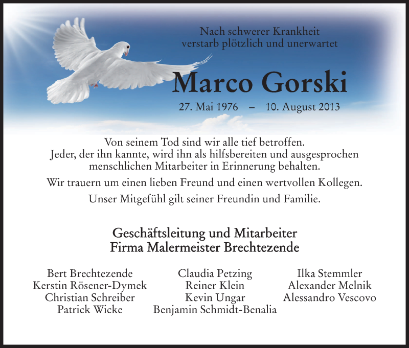  Traueranzeige für Marco Gorski vom 14.08.2013 aus HNA