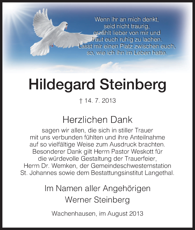  Traueranzeige für Hildegard Steinberg vom 14.08.2013 aus HNA