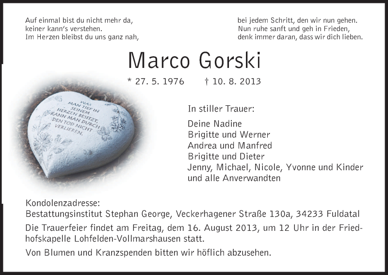  Traueranzeige für Marco Gorski vom 14.08.2013 aus HNA