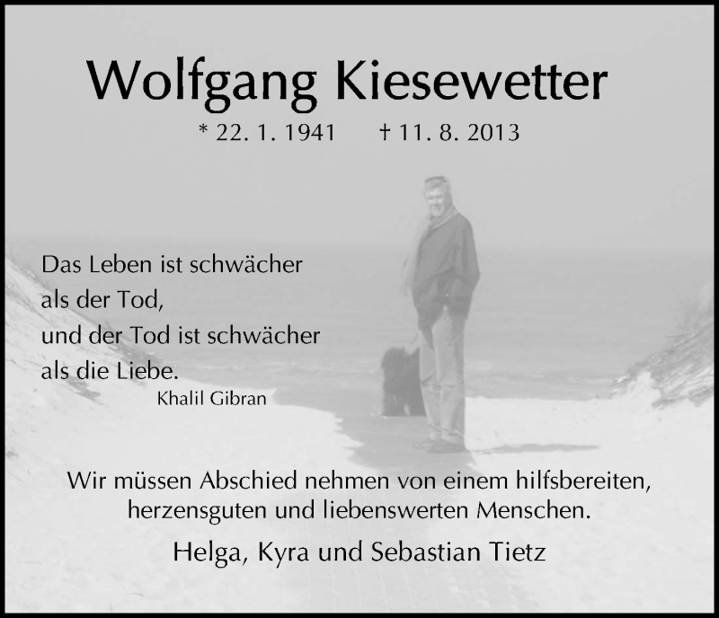 Traueranzeige für Wolfgang Kiesewetter vom 14.08.2013 aus HNA