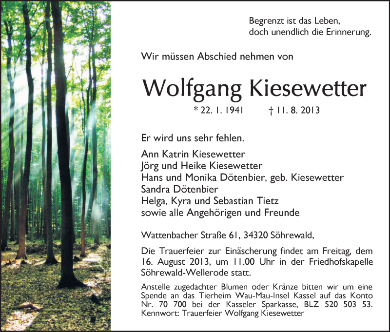  Traueranzeige für Wolfgang Kiesewetter vom 14.08.2013 aus HNA