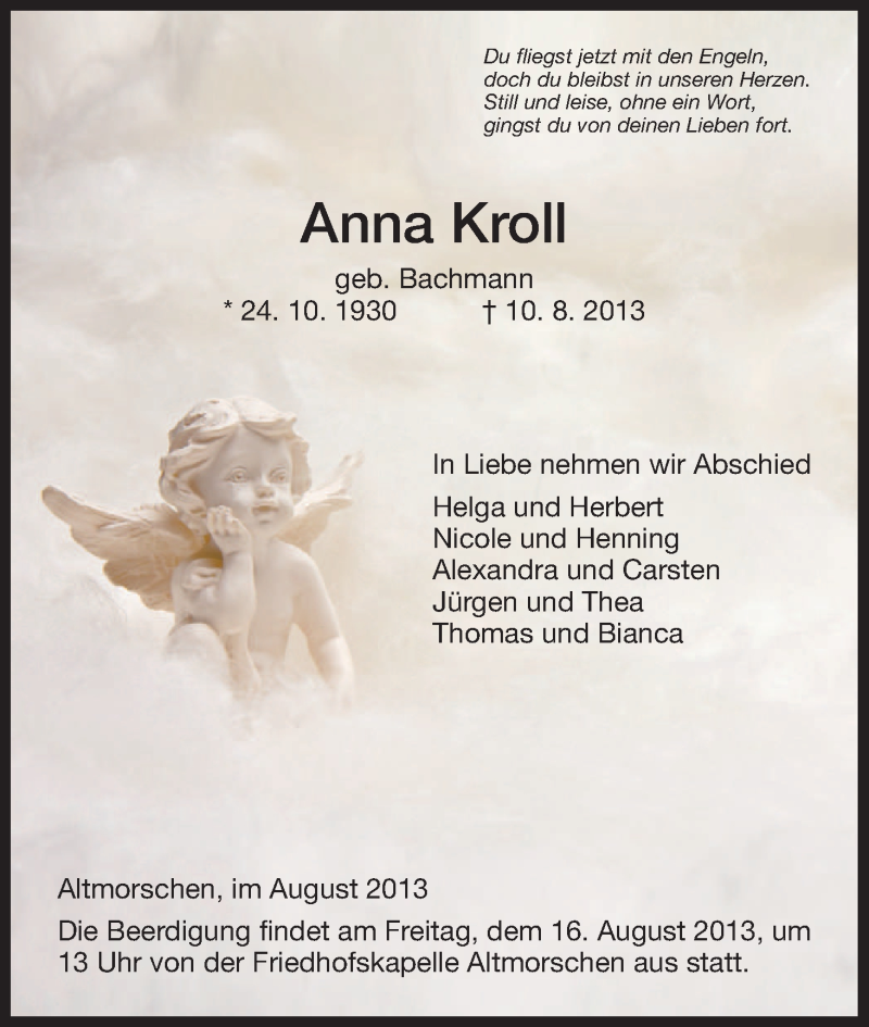  Traueranzeige für Anna Kroll vom 15.08.2013 aus HNA