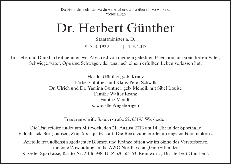  Traueranzeige für Herbert Günther vom 15.08.2013 aus HNA