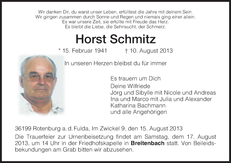  Traueranzeige für Horst Schmitz vom 15.08.2013 aus HNA