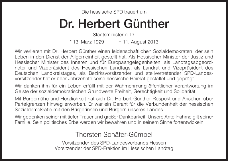  Traueranzeige für Herbert Günther vom 16.08.2013 aus HNA