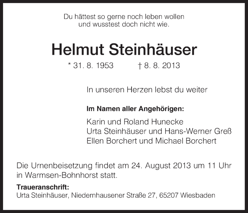  Traueranzeige für Helmut Steinhäuser vom 17.08.2013 aus HNA