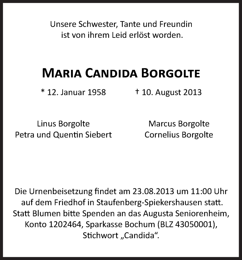  Traueranzeige für Maria Candida Borgolte vom 17.08.2013 aus HNA