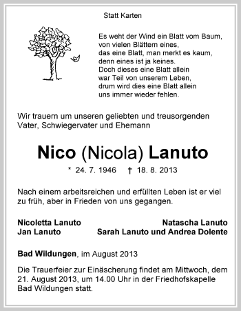 Traueranzeige von Nicola Lanuto von HNA