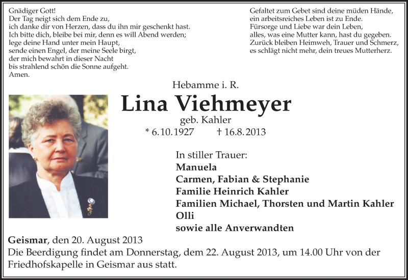  Traueranzeige für Lina Viehmeyer vom 20.08.2013 aus HNA
