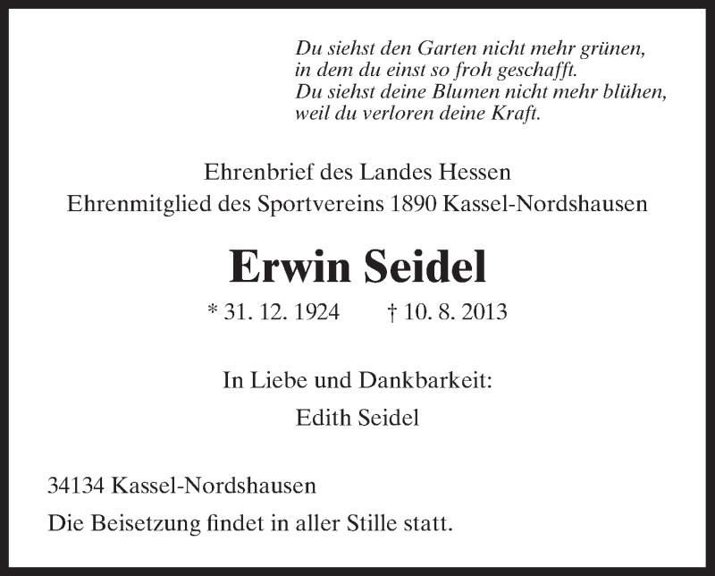  Traueranzeige für Erwin Seidel vom 21.08.2013 aus HNA