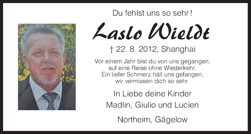  Traueranzeige für Laslo Wieldt vom 22.08.2013 aus HNA