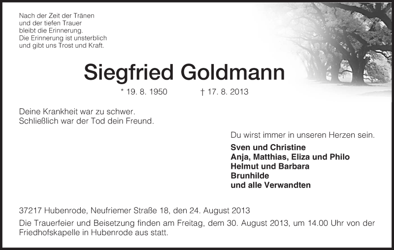  Traueranzeige für Siegfried Goldmann vom 24.08.2013 aus HNA