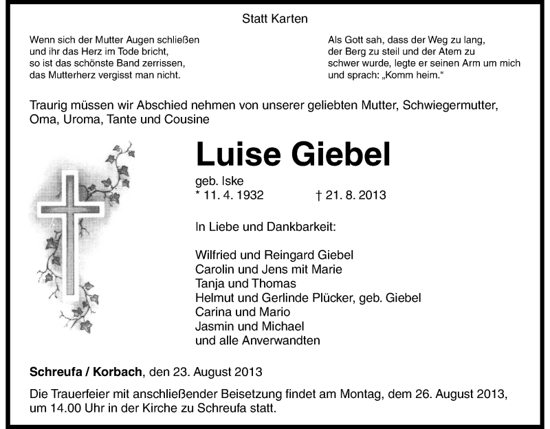  Traueranzeige für Luise Giebel vom 23.08.2013 aus HNA
