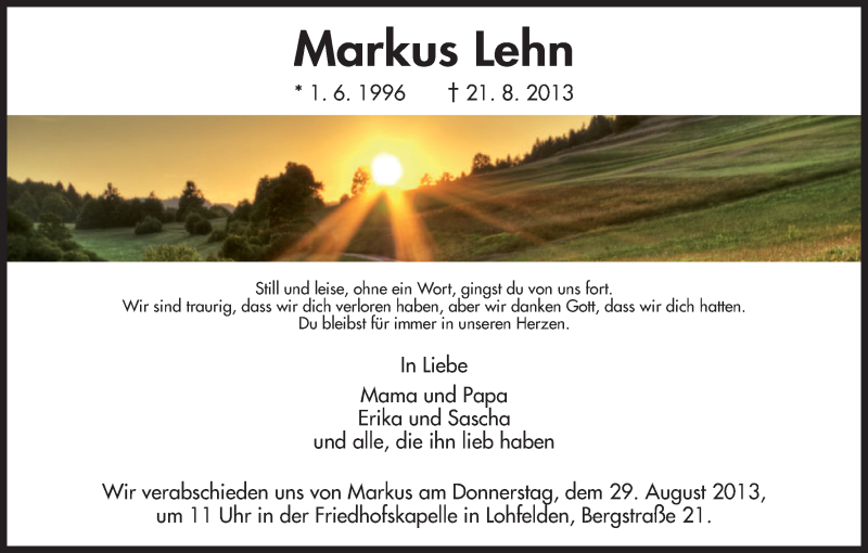 Traueranzeige für Markus Lehn vom 26.08.2013 aus HNA