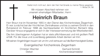 Traueranzeige von Heinrich Braun von HNA