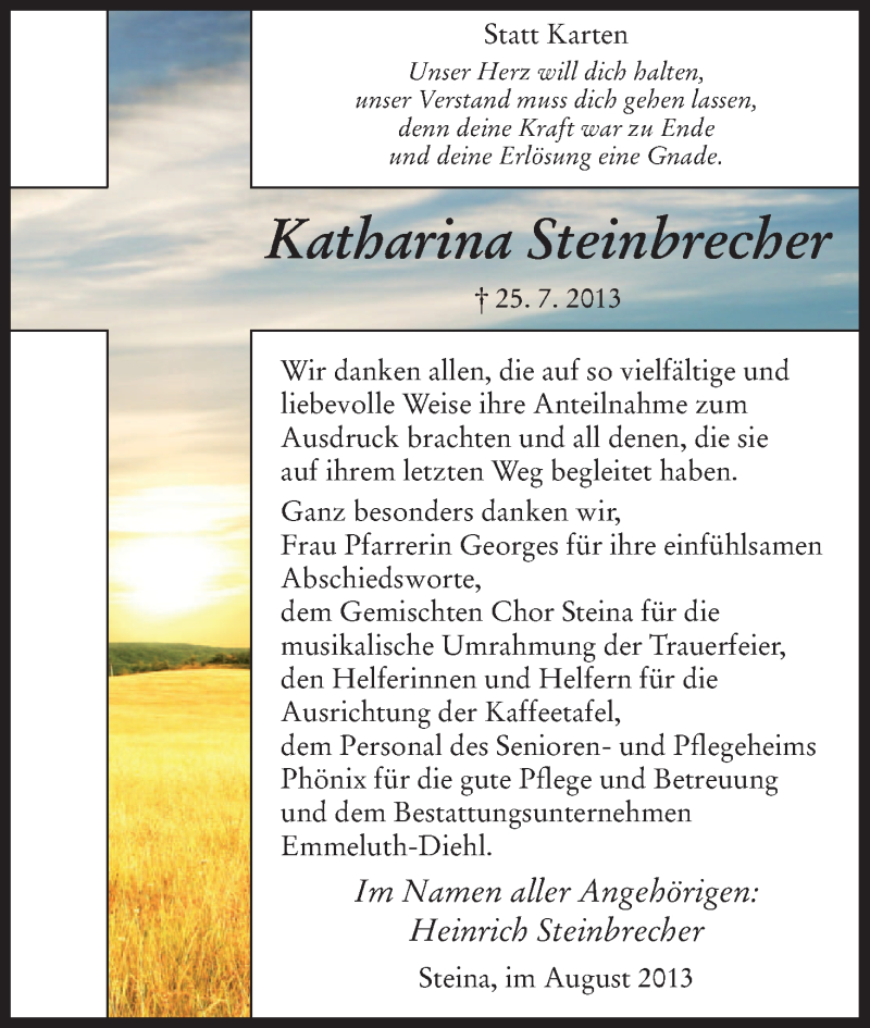 Traueranzeige für Katharina Steinbrecher vom 31.08.2013 aus HNA