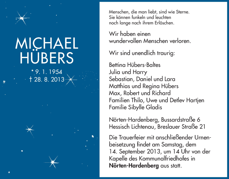  Traueranzeige für Michael Hübers vom 31.08.2013 aus HNA