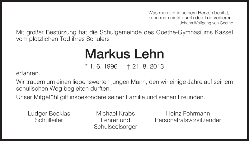  Traueranzeige für Markus Lehn vom 02.09.2013 aus HNA