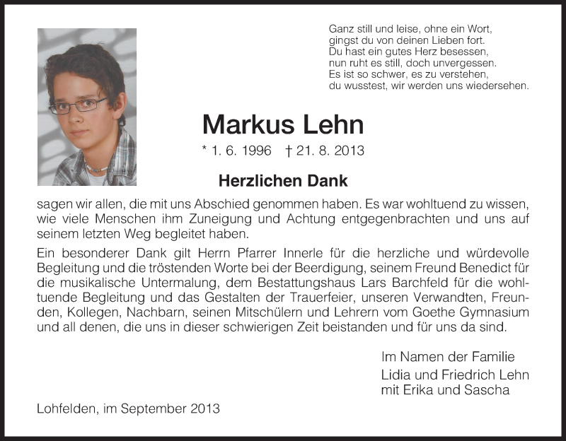  Traueranzeige für Markus Lehn vom 07.09.2013 aus HNA