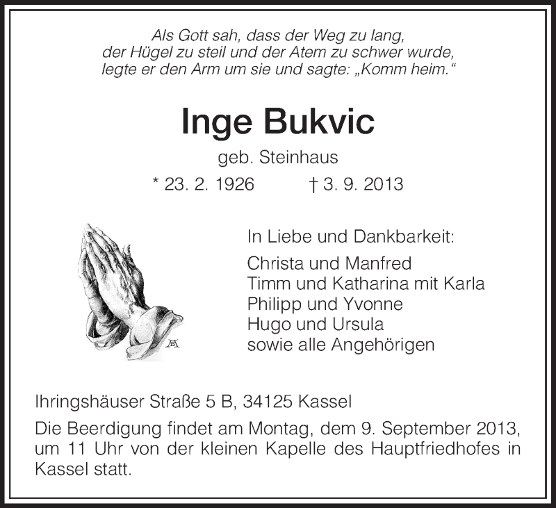  Traueranzeige für Inge Bukvic vom 06.09.2013 aus HNA