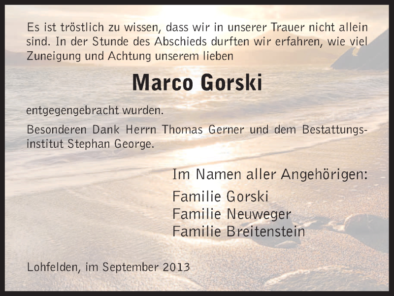  Traueranzeige für Marco Gorski vom 07.09.2013 aus HNA