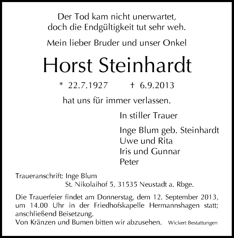  Traueranzeige für Horst Steinhardt vom 09.09.2013 aus HNA