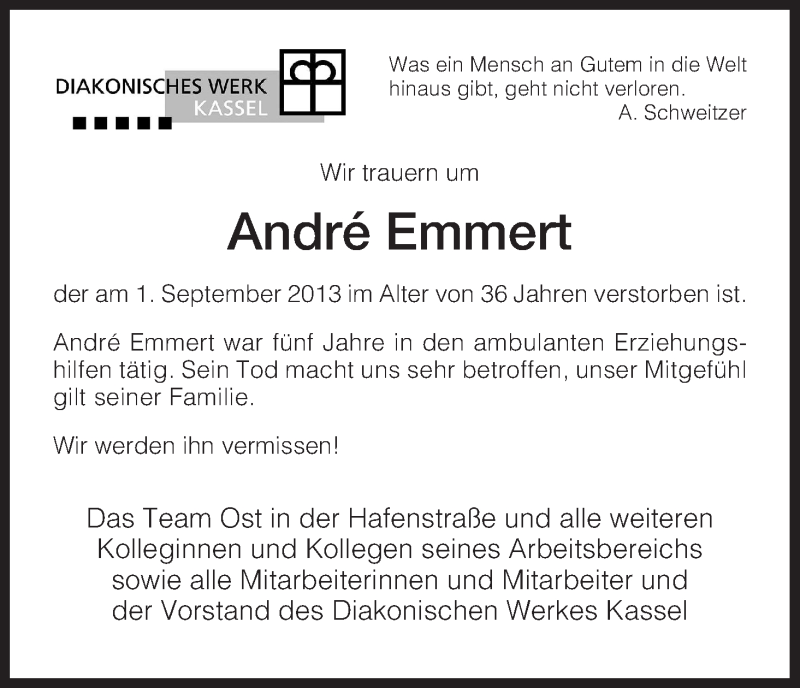  Traueranzeige für Andre Emmert vom 11.09.2013 aus HNA