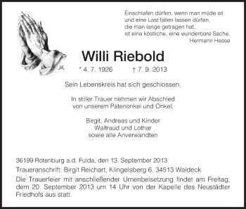 Traueranzeige von Willi Riebold von HNA