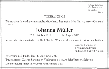 Traueranzeige von Johanna Müller von HNA