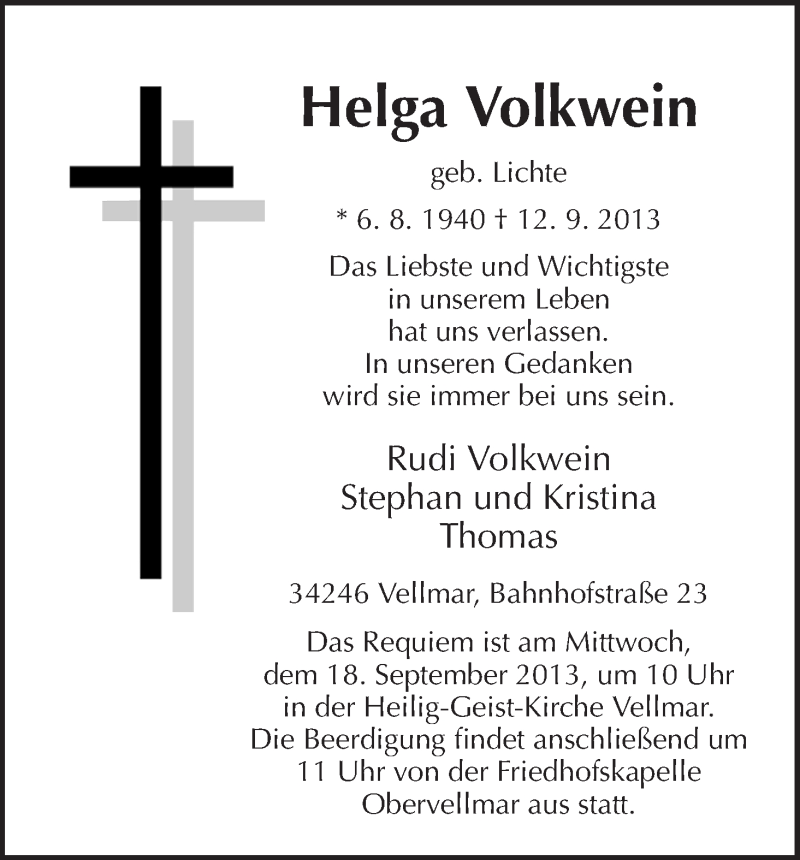  Traueranzeige für Helga Anna Volkwein vom 14.09.2013 aus HNA