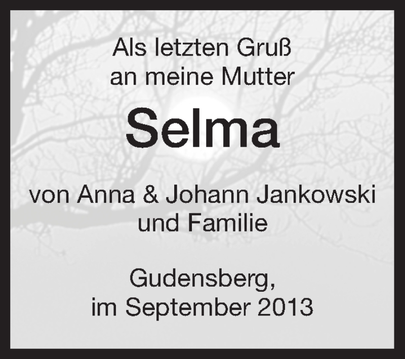  Traueranzeige für Selma  vom 17.09.2013 aus HNA